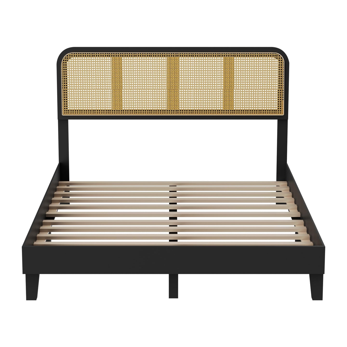 Cozy Castle Rattan Queen Size Bed Frame, Boho Platform Bed Frame with Adjustable Rattan Headboard and Wooden Support Slats, No Box Spring Needed, Black