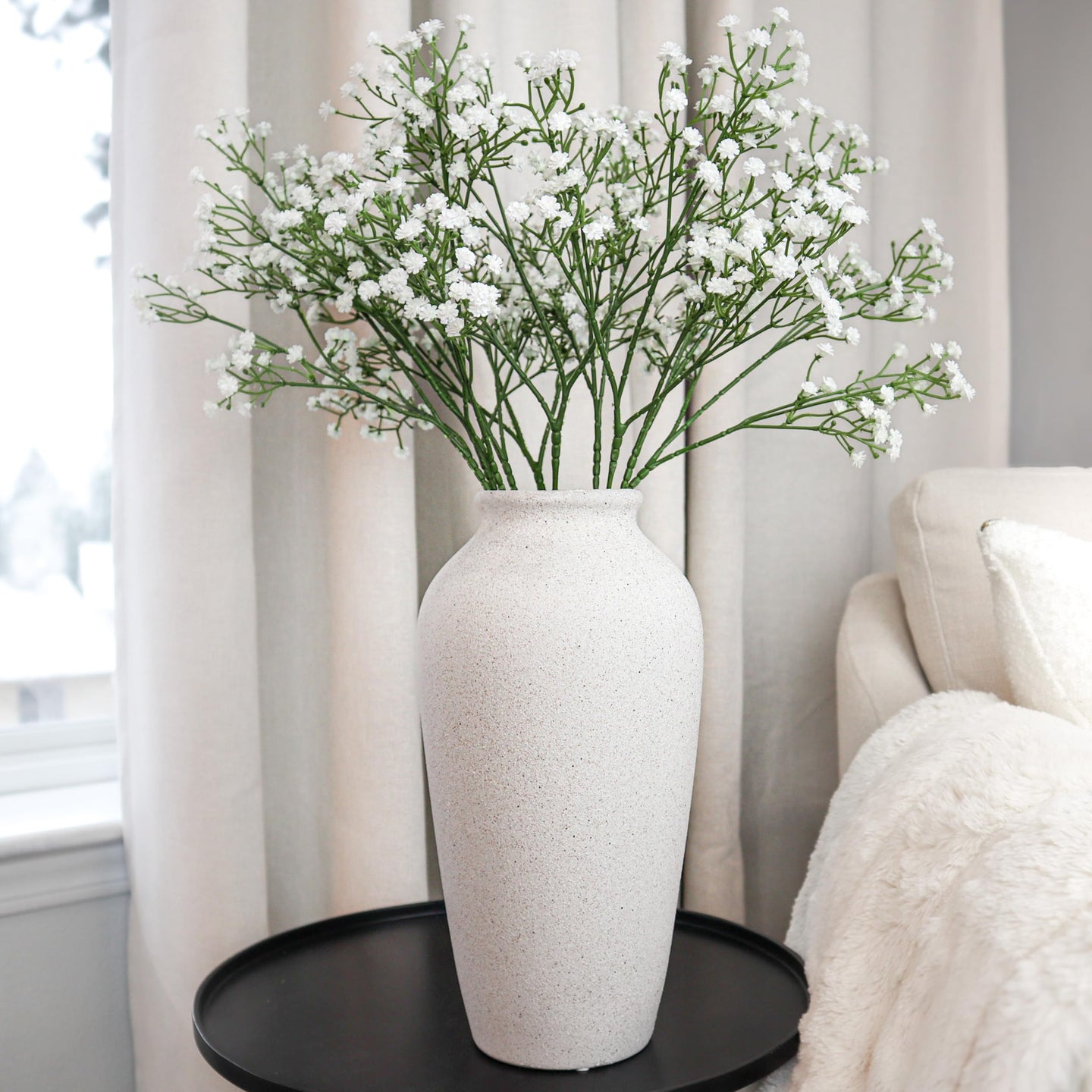 Laurel&Vine 12" Tall White Ceramic Vase, Speckled Textured Minimalist, with 15 Stems of 22" Faux Artificial White Babys Breath, Farmhouse Console Centerpiece Decor, Real Touch Fake Flowers in Vase