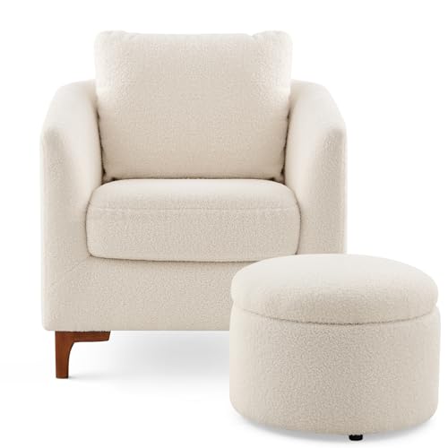 COLAMY Sherpa Accent Chair with Storage Ottoman Set, Upholstered Barrel Club Arm Chair with Footrest, Modern Living Room Chair with Back Pillow and Wooden Legs for Bedroom, Corner, Reading Nook, Cream
