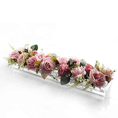 E&F Modern Designs™ Rectangular Floral Centerpiece for Dining Table - 24 Inches Long Rectangle, Acrylic Modern Vase - Low Laying Unique Flower Vases for Home Decor or Weddings (LED Clear)
