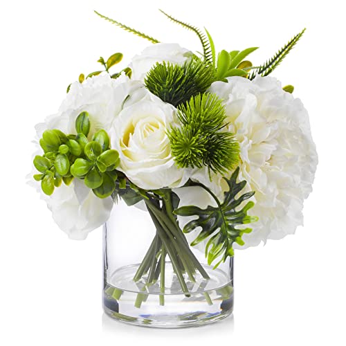 ENOVA FLORAL Artificial Rose Flowers in Vase, Mixed Fake White Rose and Silk Peonies in Vase with Faux Water for Dining Table Centerpieces, Home Decor Indoor