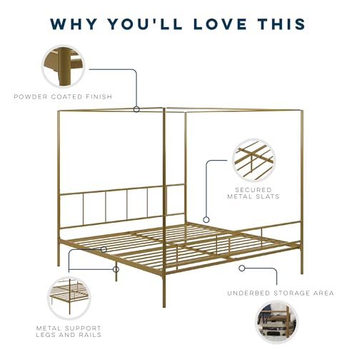 Novogratz Marion Metal Canopy Platform Bed Frame, King, Gold