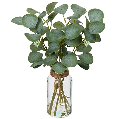Briful Artificial Eucalyptus Stems in Glass Vase with Faux Water, 14" Fake Plant Eucalyptus Leaves for Home Office Farmhouse Wedding Centerpiece Décor