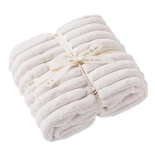 Amélie Home Luxury Jacquard Striped Faux Fur Throw Blankets, 630GSM Soft and Warm Thick Cozy Throws, Milky Fluffy Plush Blanket for Sofa Couch Bed Living Room in Fall Winter, Ivory, 50"x 70"