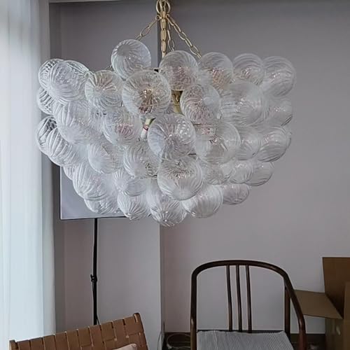 BeyPan Bubble Chandeliers Swirled Clear Ribbed Blown Glass Globe Art Deco Dia 32" Big Chandeliers Bowl Light Fixture for Living Room, Bedroom, Kitchen Island