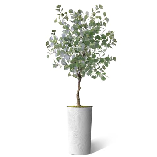 Artificial Tree in White Marble Effect Planter, Fake Eucalyptus Silk Tree for Indoor and Outdoor Home Decoration - 66" Overall Tall (Plant Pot Plus Tree)