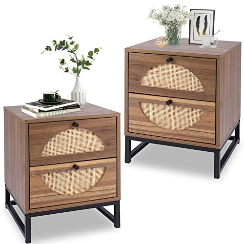 AWQM Rattan Nightstand Set of 2,Farmhouse End Table Set of 2,Wood Sofa Side Table,Accent Table with Storage, Bedside Table Accent Storage Cabinet Living Room,Metal Legs,Brown