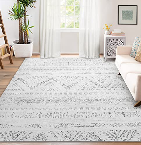 Area Rug Living Room Carpet: 5x7 Large Moroccan Soft Fluffy Geometric Washable Bedroom Rugs Dining Room Home Office Nursery Low Pile Decor Under Kitchen Table Gray/Ivory