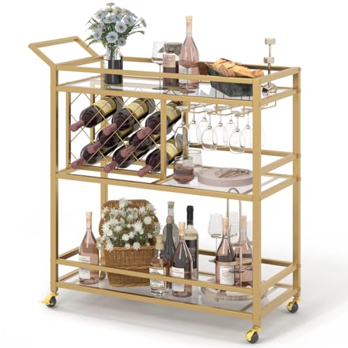 FATORRI Bar Carts for The Home with Wine Rack and Glasses Holder, Home Bar Serving Carts on Wheels for Liquor and Alcohol, Rolling Wine Cart and Drink Trolley (Gold)