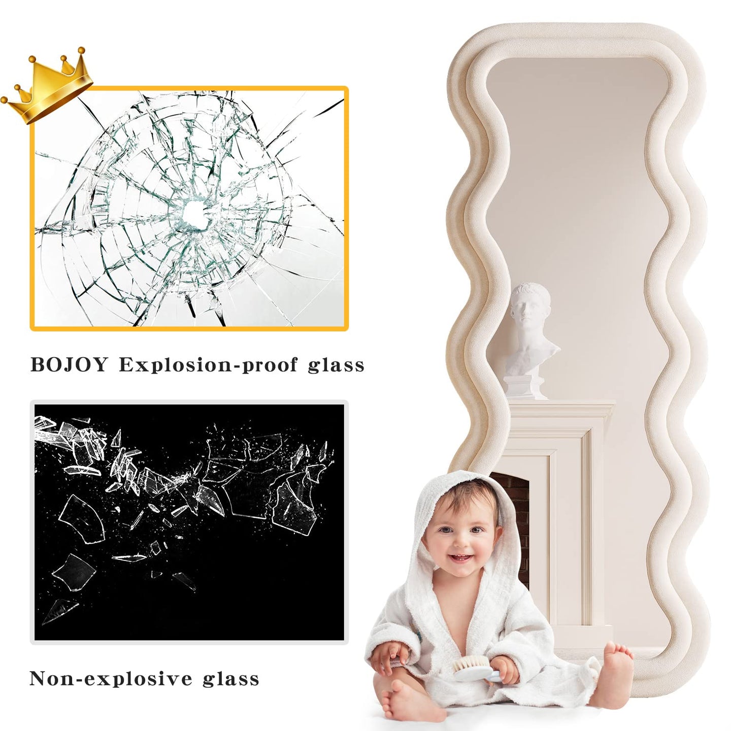 BOJOY Full Length Mirror 63"x24", Irregular Wavy Mirror, Arched Floor Mirror, Wall Mirror Standing Hanging or Leaning Against Wall for Bedroom, Flannel Wrapped Wooden Frame Mirror -White
