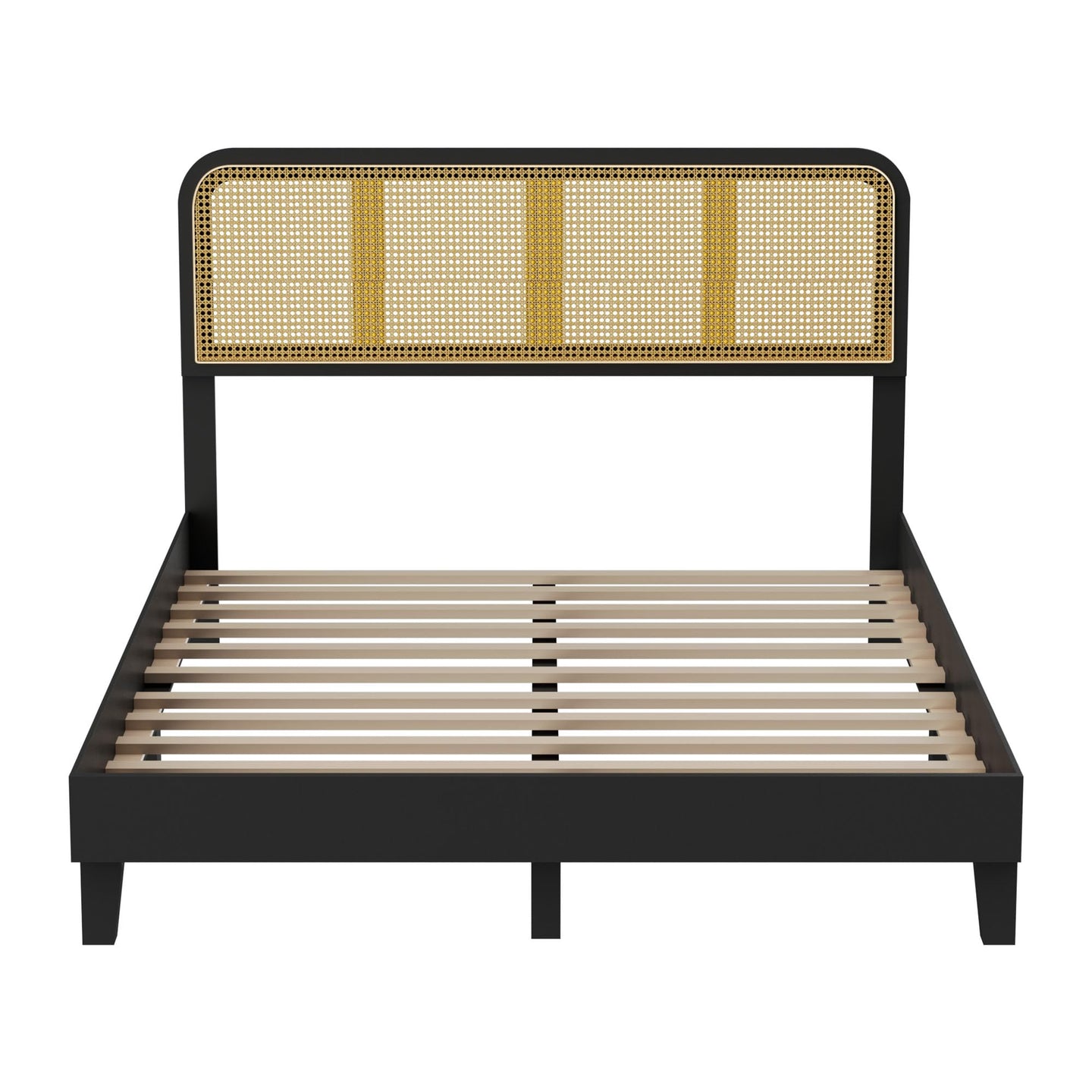 Cozy Castle Rattan Wooden Platform Bed Frame with Adjustable Headboard and Wood Slat Support, No Box Spring Needed, Full Size, Black