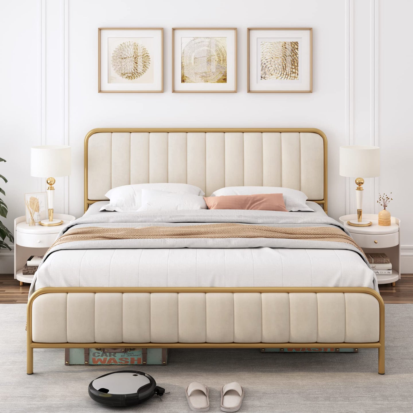 HITHOS Queen Size Bed Frame with Button Tufted Headboard, Upholstered Heavy Duty Metal Mattress Foundation with Wooden Slats, Easy Assembly, No Box Spring Needed (Golden/Off White, Queen)