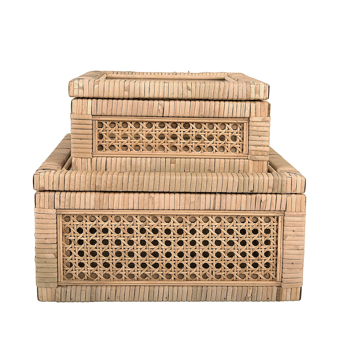 Creative Co-Op Modern Decorative Square Woven Rattan and Wood Display Boxes with Glass Top, Set of 2 Sizes, Natural Finish