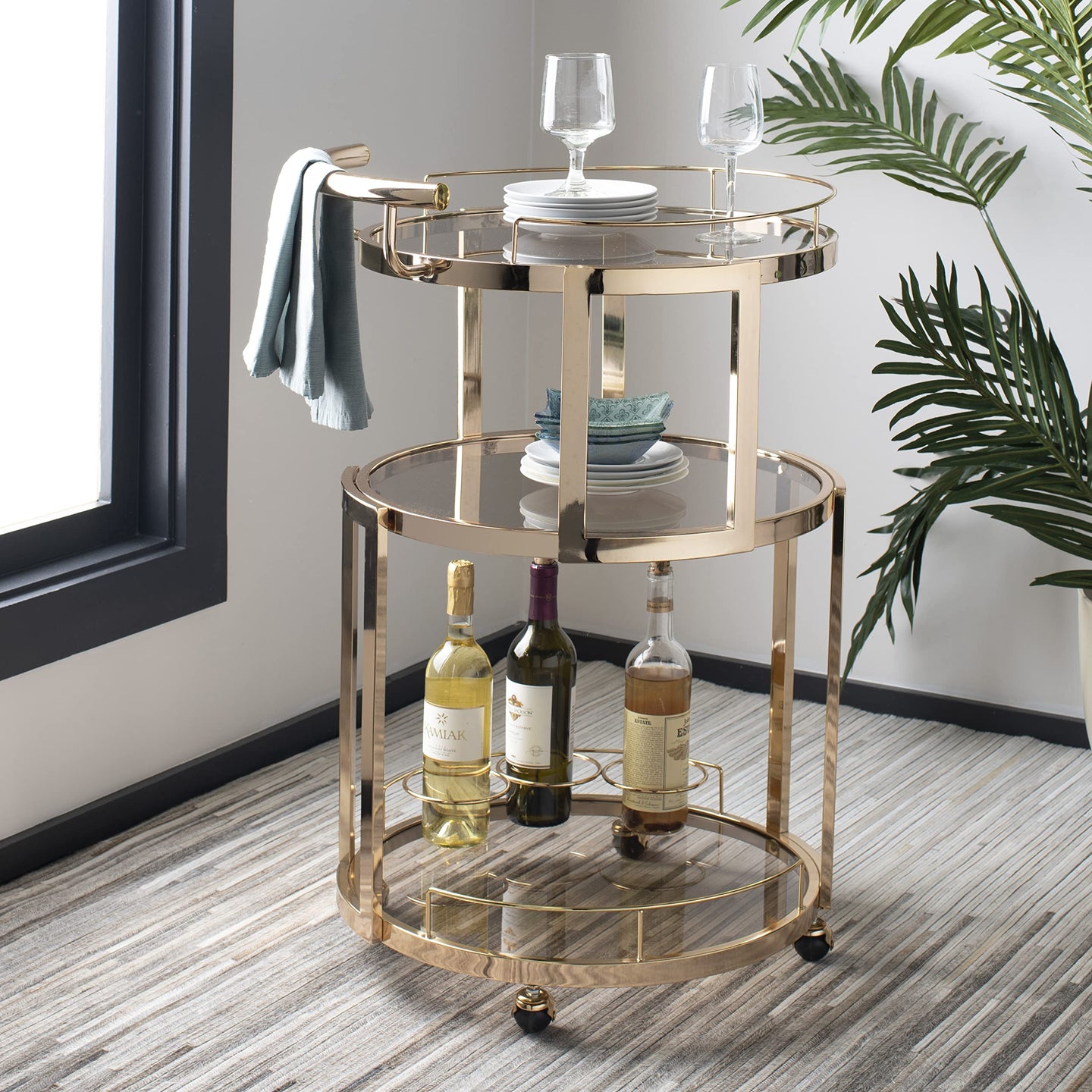 Safavieh Home Collection Rio Gold and Tea Colored Glass 3-Tier Round Bar Cart and Wine Rack