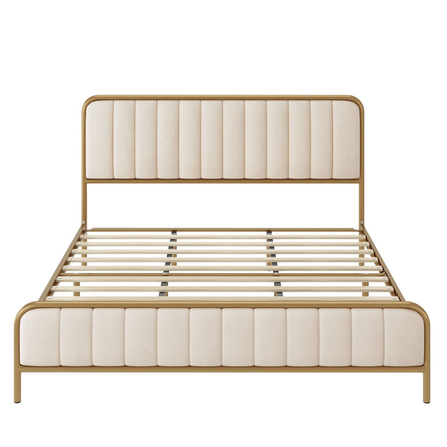 HITHOS Queen Size Bed Frame with Button Tufted Headboard, Upholstered Heavy Duty Metal Mattress Foundation with Wooden Slats, Easy Assembly, No Box Spring Needed (Golden/Off White, Queen)