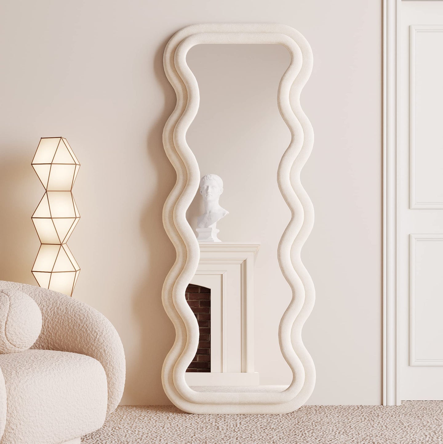 BOJOY Full Length Mirror 63"x24", Irregular Wavy Mirror, Arched Floor Mirror, Wall Mirror Standing Hanging or Leaning Against Wall for Bedroom, Flannel Wrapped Wooden Frame Mirror -White